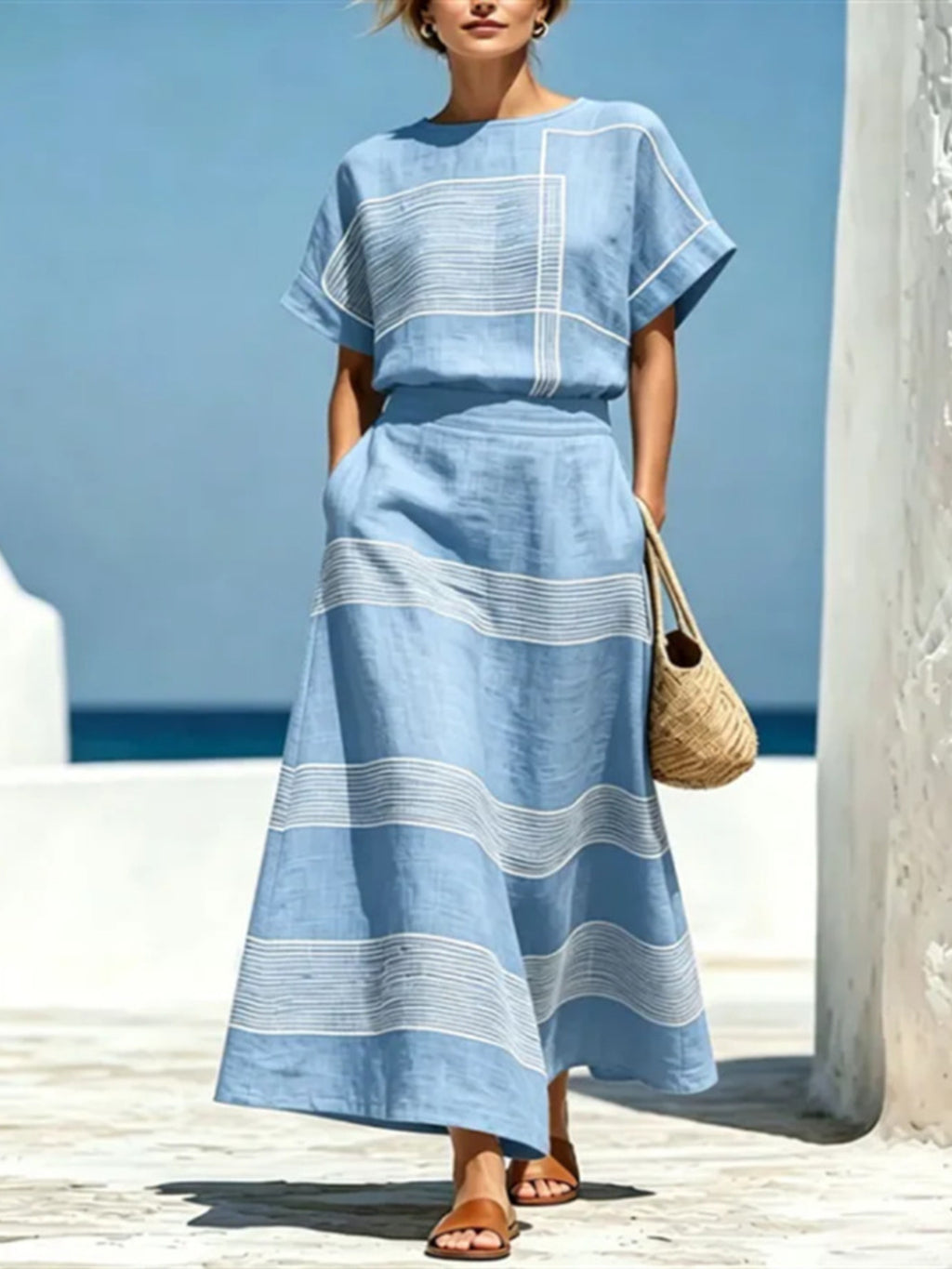 Pure Craft Full Size Striped Round Neck Top and Skirt Set Plus Size