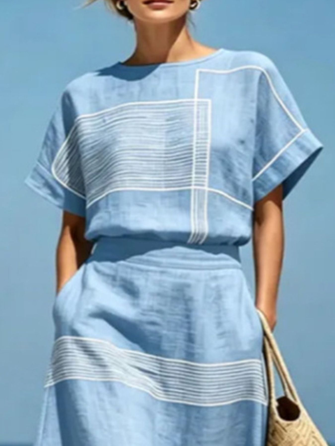 Pure Craft Full Size Striped Round Neck Top and Skirt Set Plus Size
