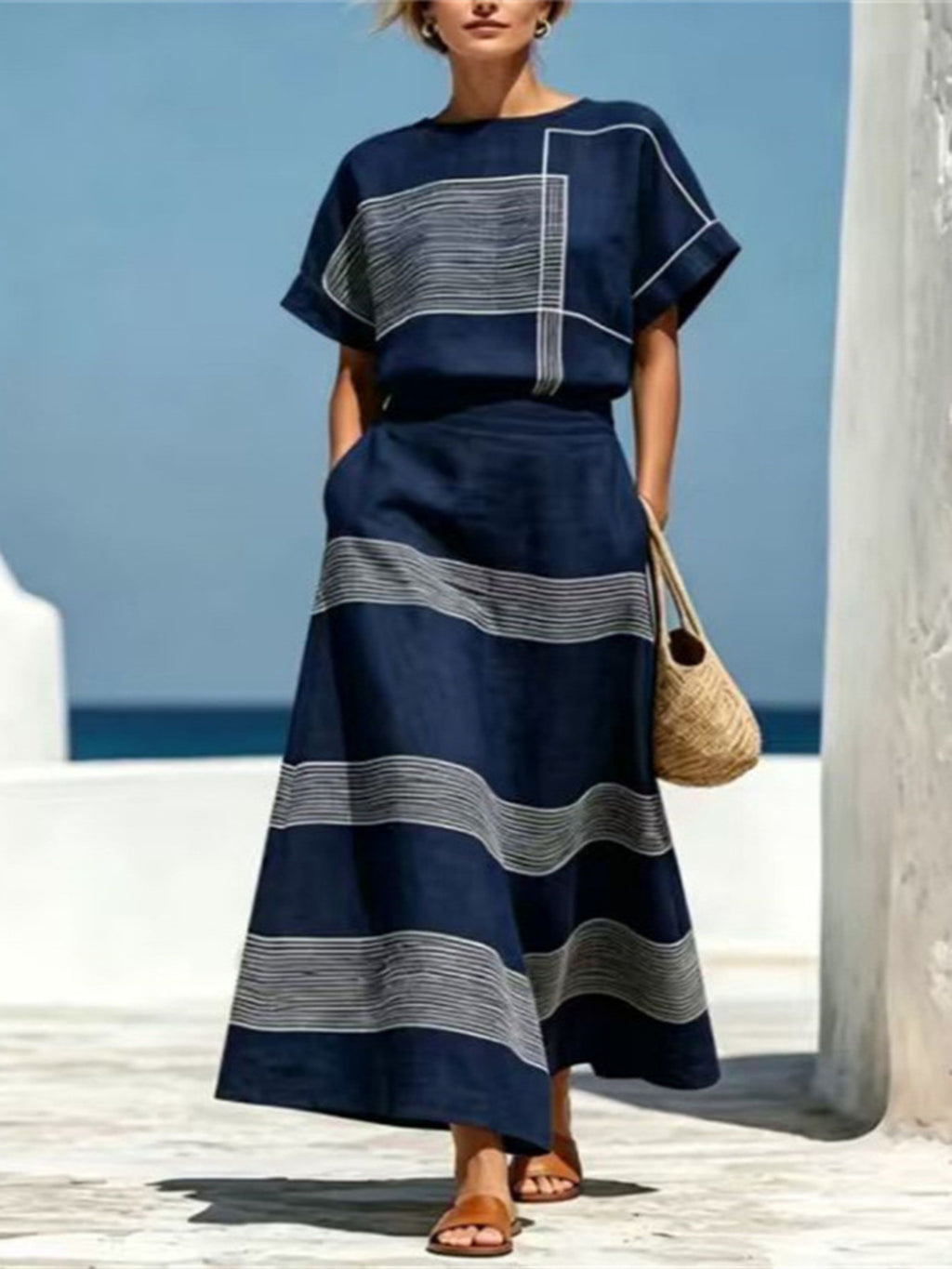 Pure Craft Full Size Striped Round Neck Top and Skirt Set Plus Size