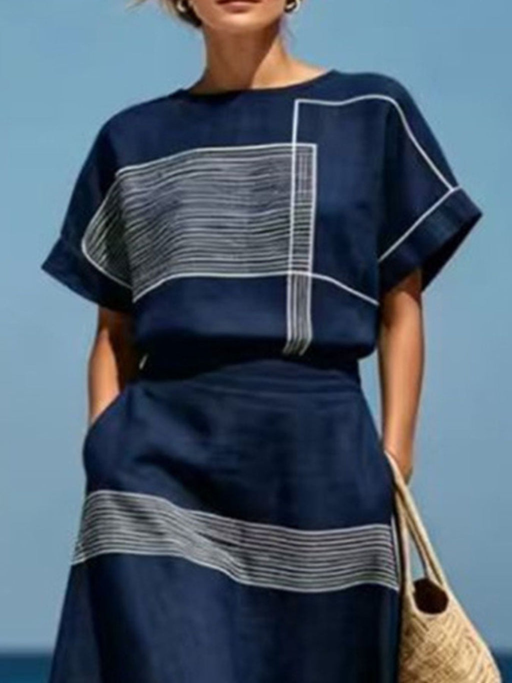 Pure Craft Full Size Striped Round Neck Top and Skirt Set Plus Size