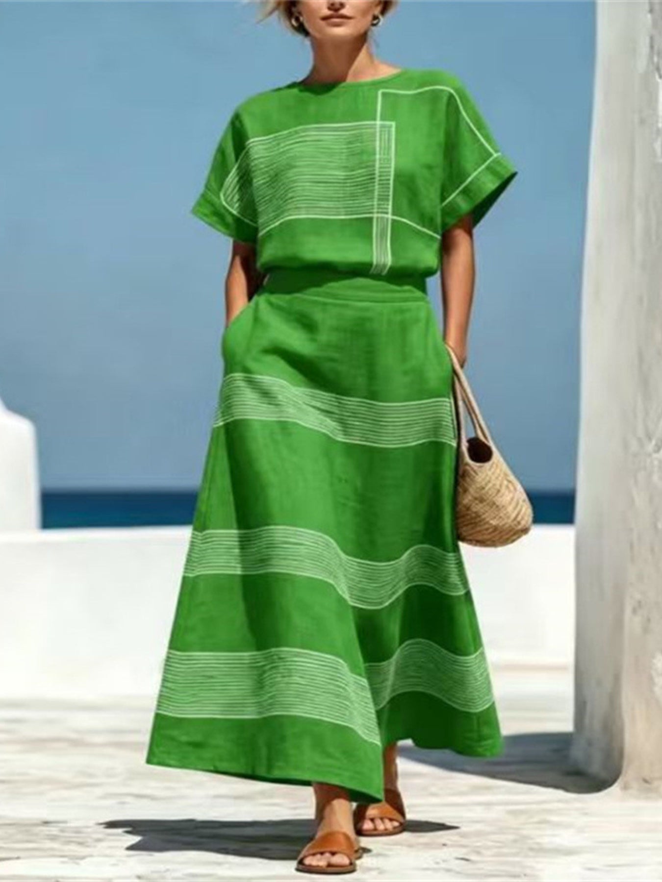 Pure Craft Full Size Striped Round Neck Top and Skirt Set Plus Size