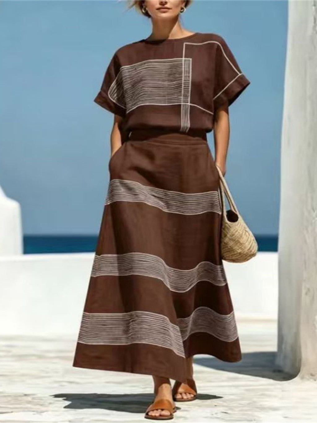 Pure Craft Full Size Striped Round Neck Top and Skirt Set Plus Size