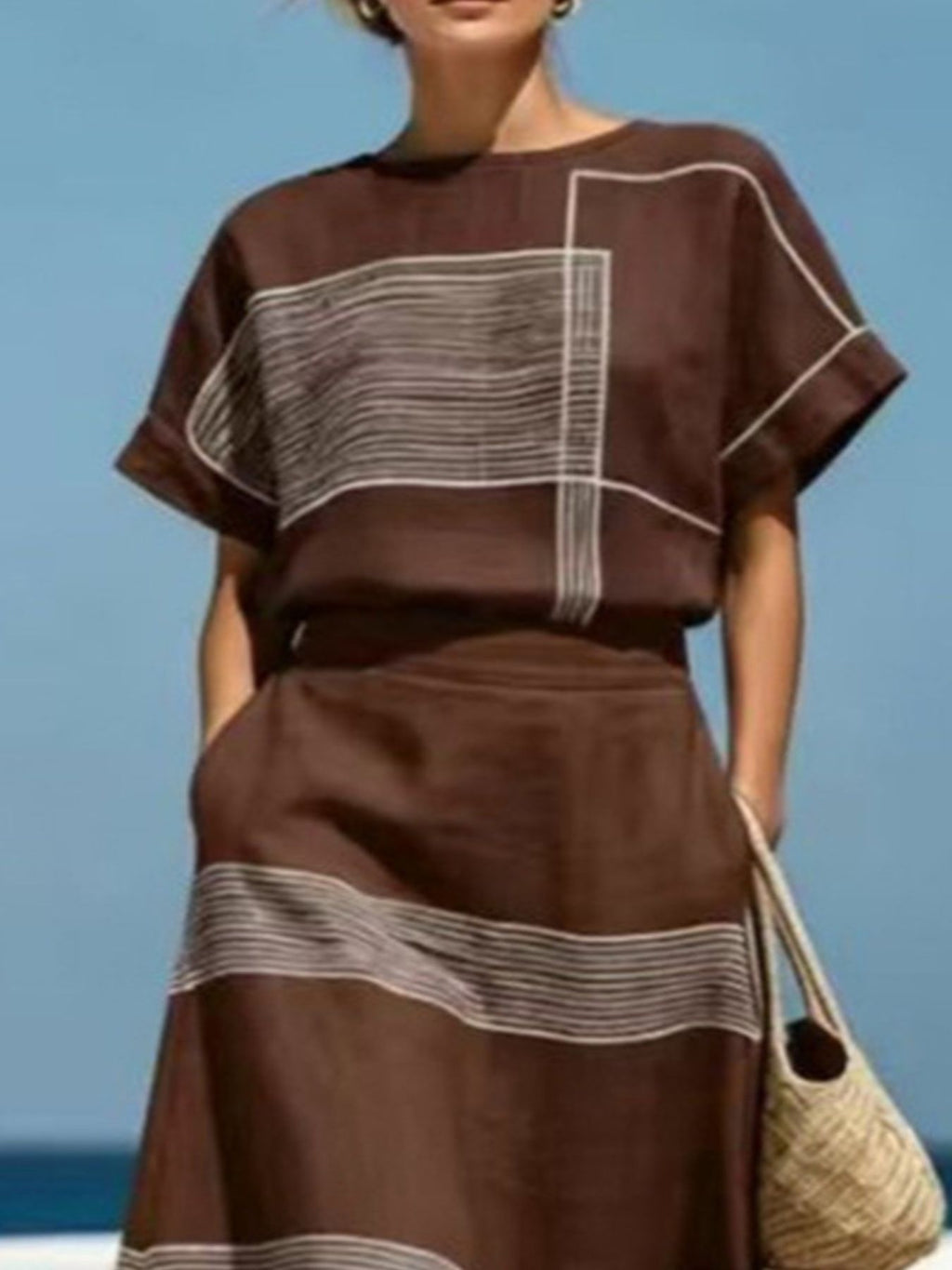 Pure Craft Full Size Striped Round Neck Top and Skirt Set Plus Size