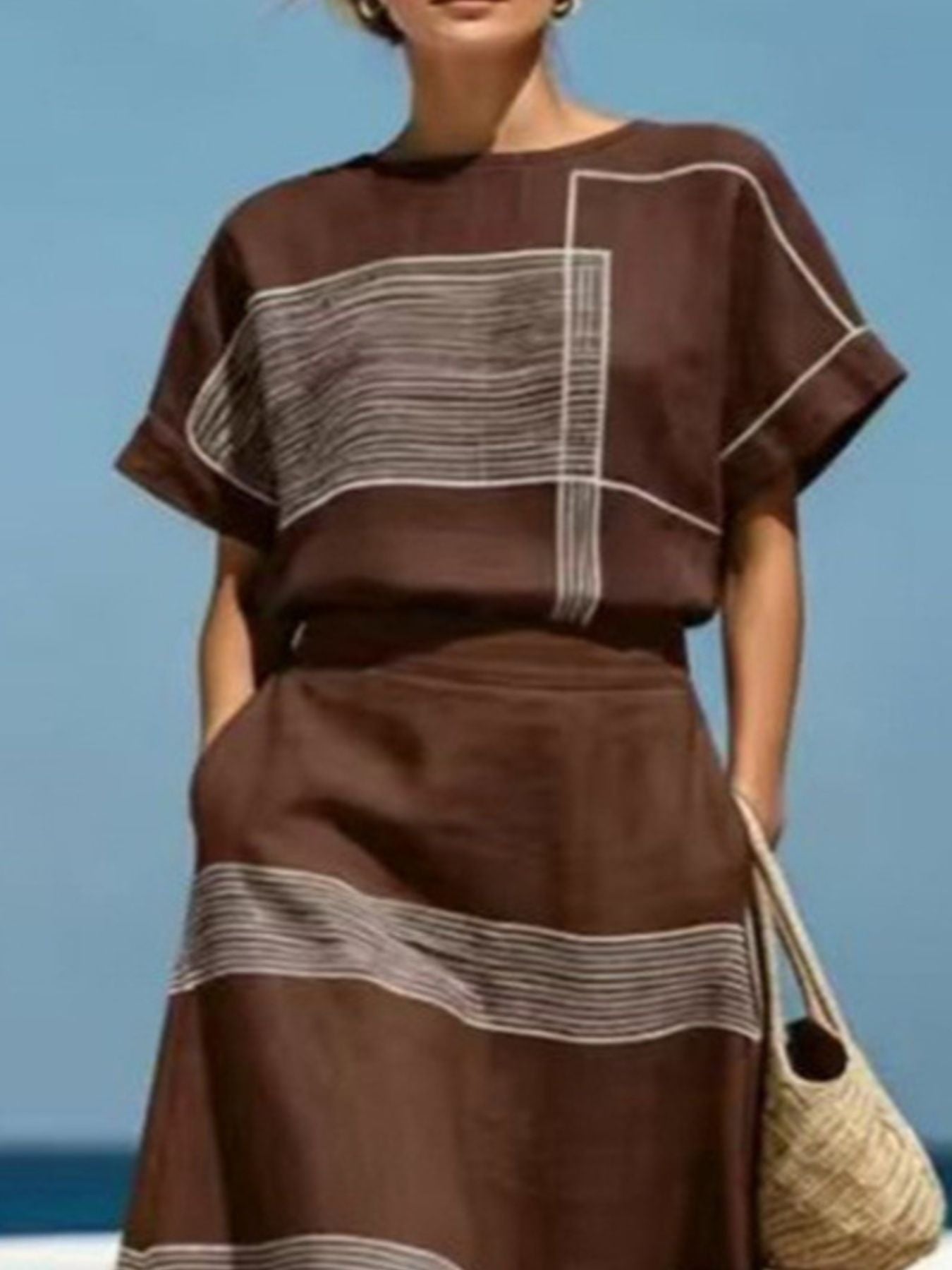 Pure Craft Full Size Striped Round Neck Top and Skirt Set Plus Size