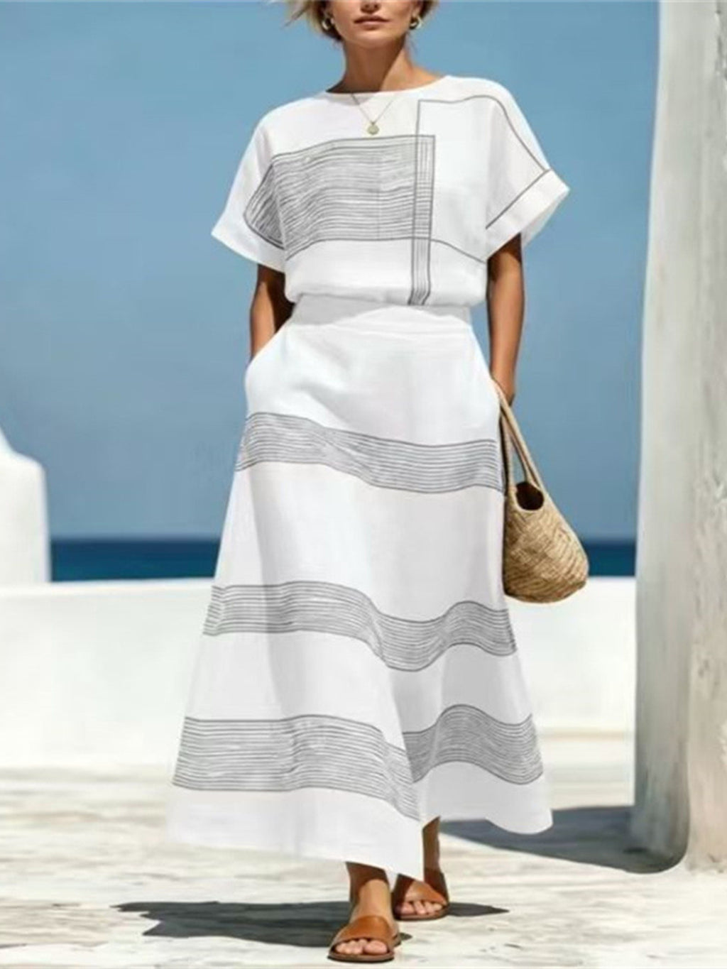 Pure Craft Full Size Striped Round Neck Top and Skirt Set Plus Size
