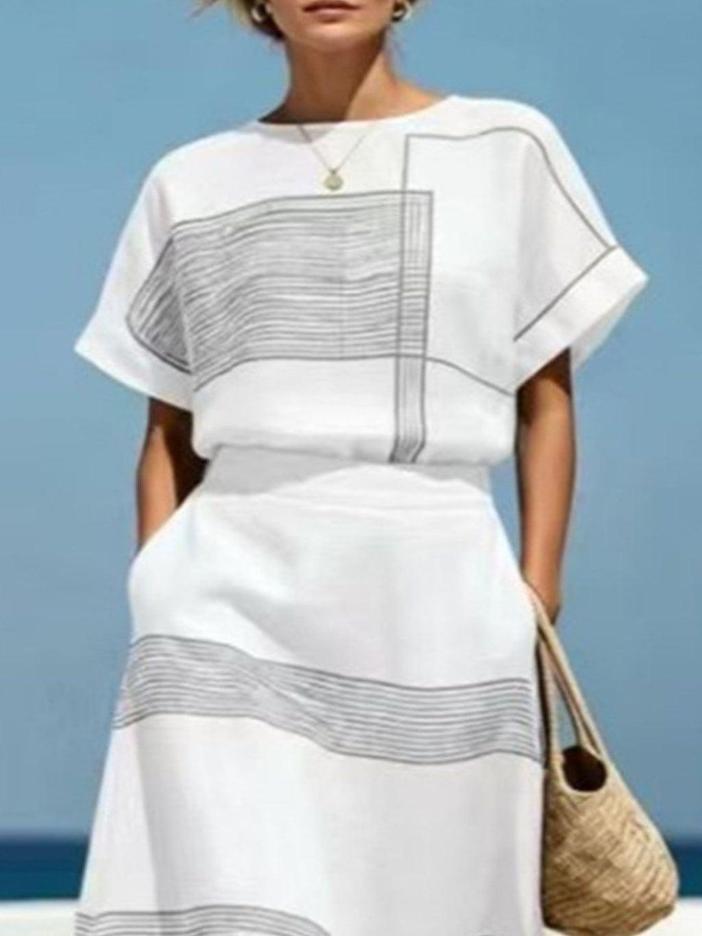 Pure Craft Full Size Striped Round Neck Top and Skirt Set Plus Size