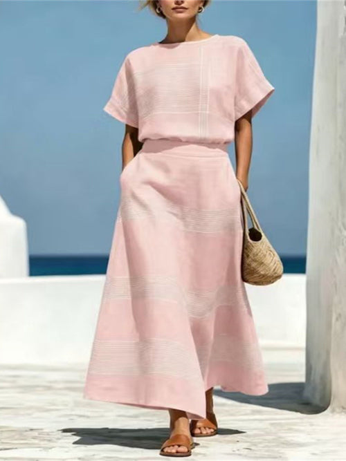 Pure Craft Full Size Striped Round Neck Top and Skirt Set Plus Size