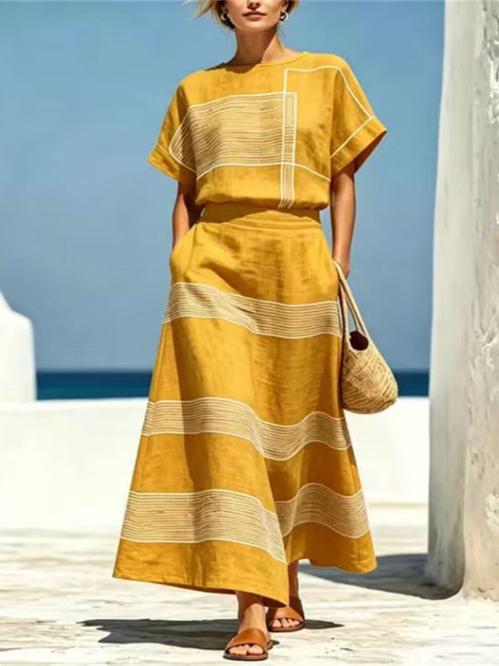 Pure Craft Full Size Striped Round Neck Top and Skirt Set Plus Size