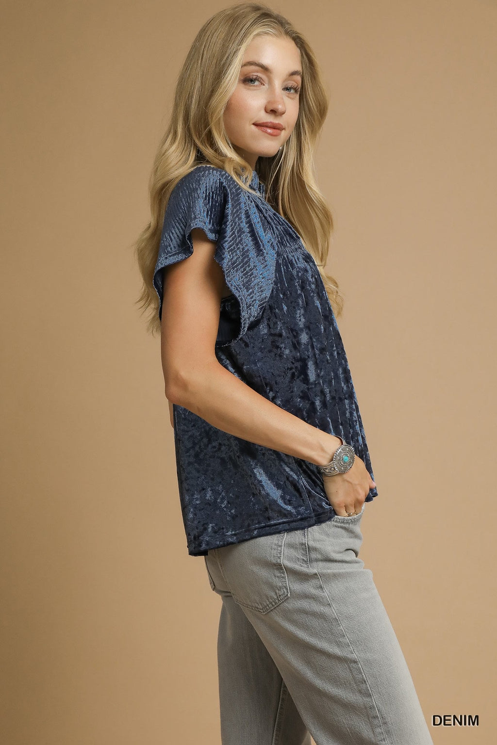 Umgee USA Umgee Crushed Velvet Pleated Blouse