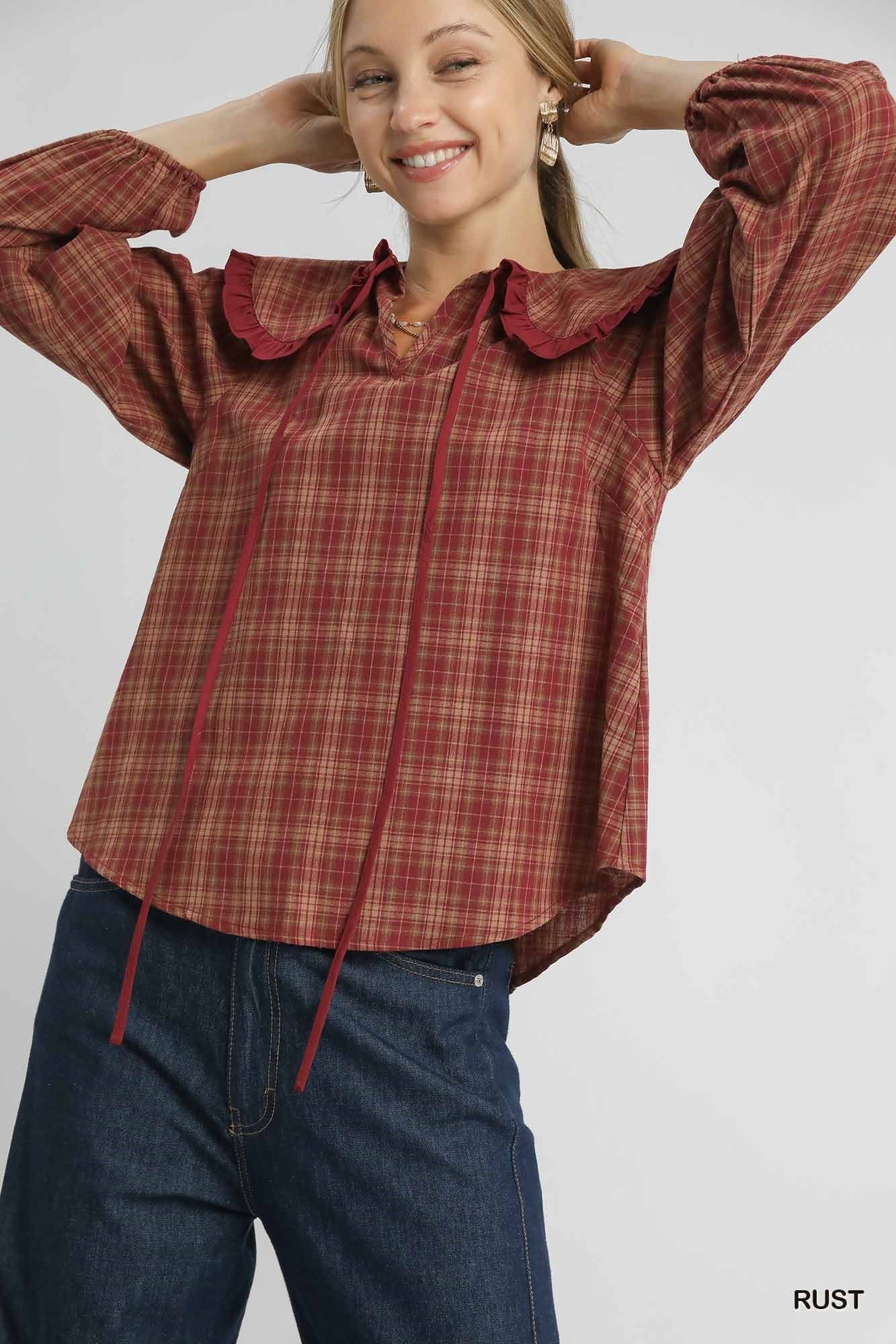Umgee USA Umgee Full Size Plaid Ruffle Collar Blouse Plus Size