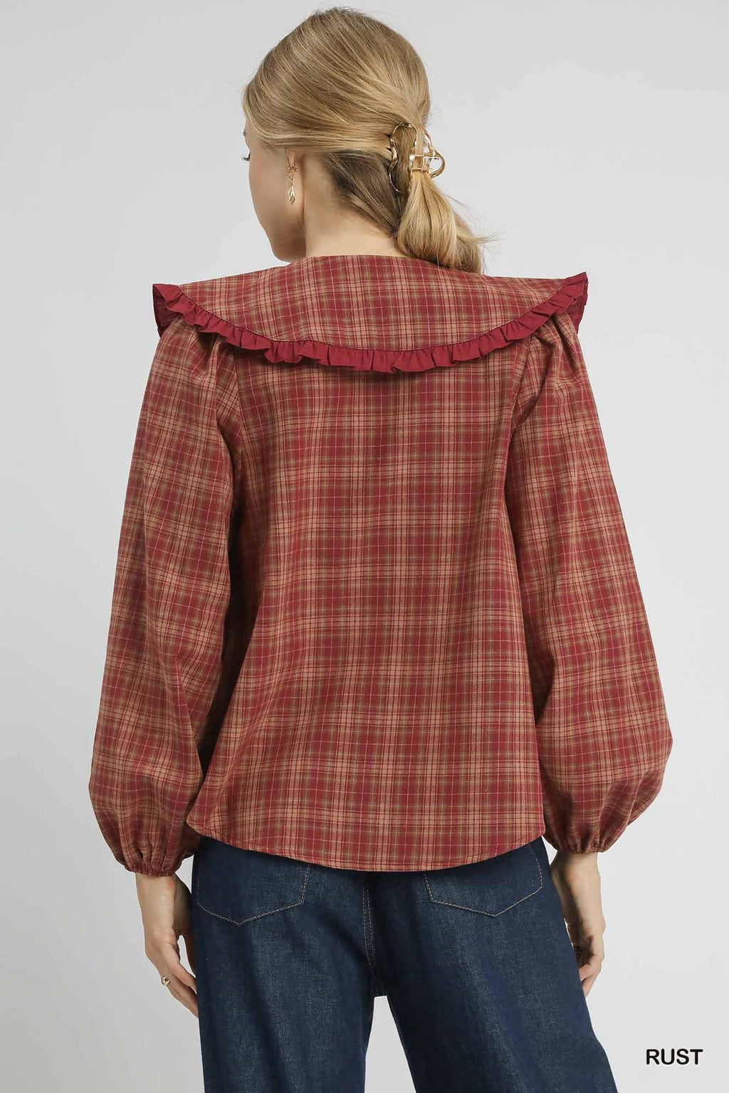 Umgee USA Umgee Full Size Plaid Ruffle Collar Blouse Plus Size