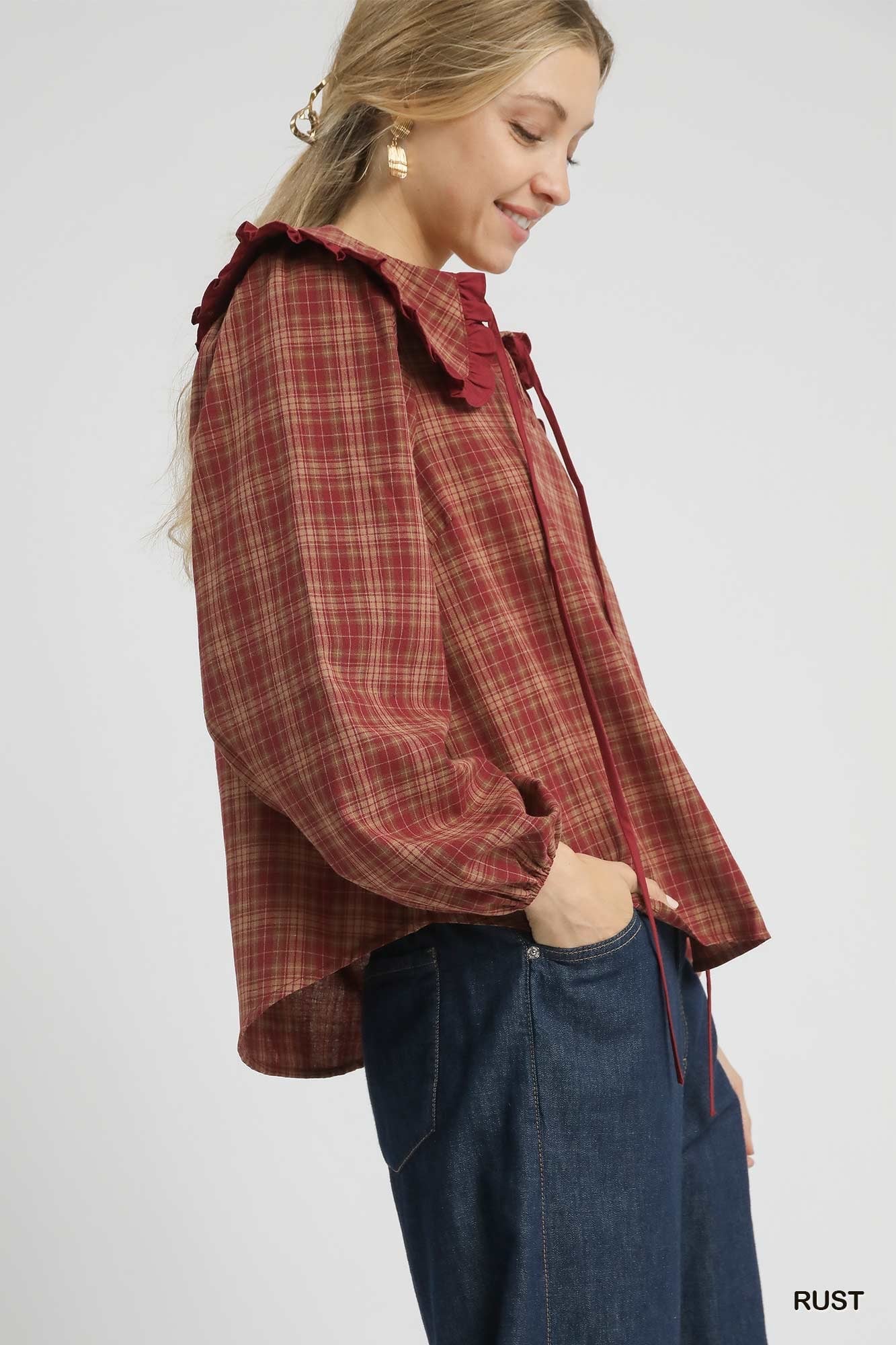 Umgee USA Umgee Full Size Plaid Ruffle Collar Blouse Plus Size