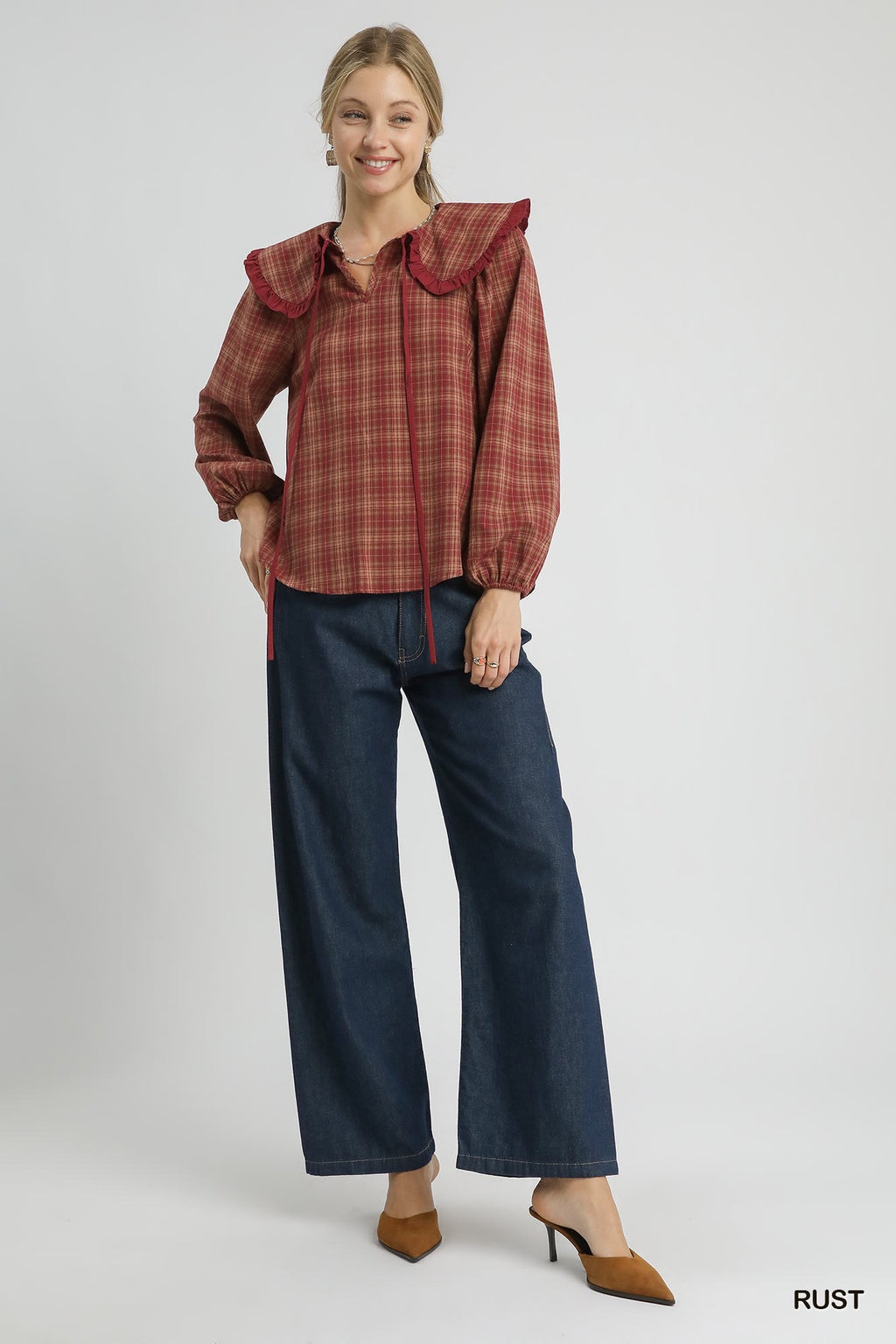 Umgee USA Umgee Full Size Plaid Ruffle Collar Blouse Plus Size