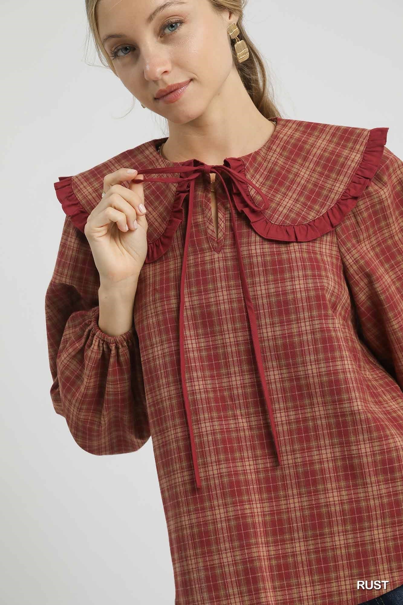 Umgee USA Umgee Full Size Plaid Ruffle Collar Blouse Plus Size