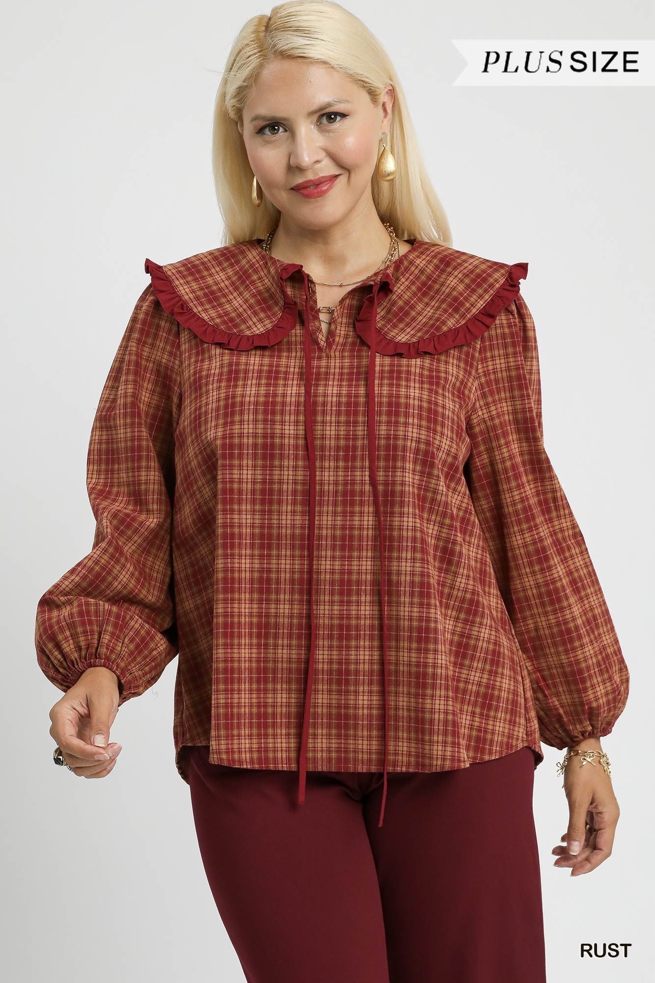 Umgee USA Umgee Full Size Plaid Ruffle Collar Blouse Plus Size