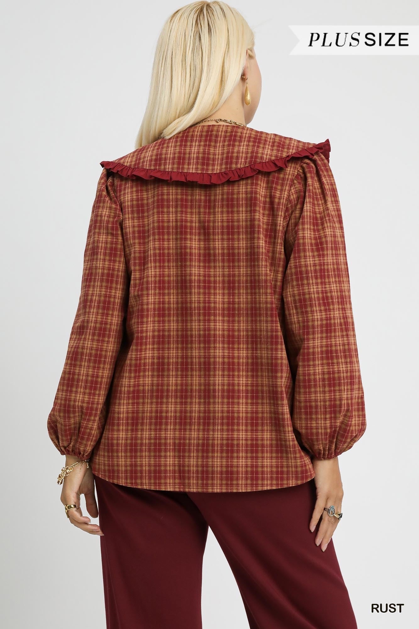 Umgee USA Umgee Full Size Plaid Ruffle Collar Blouse Plus Size