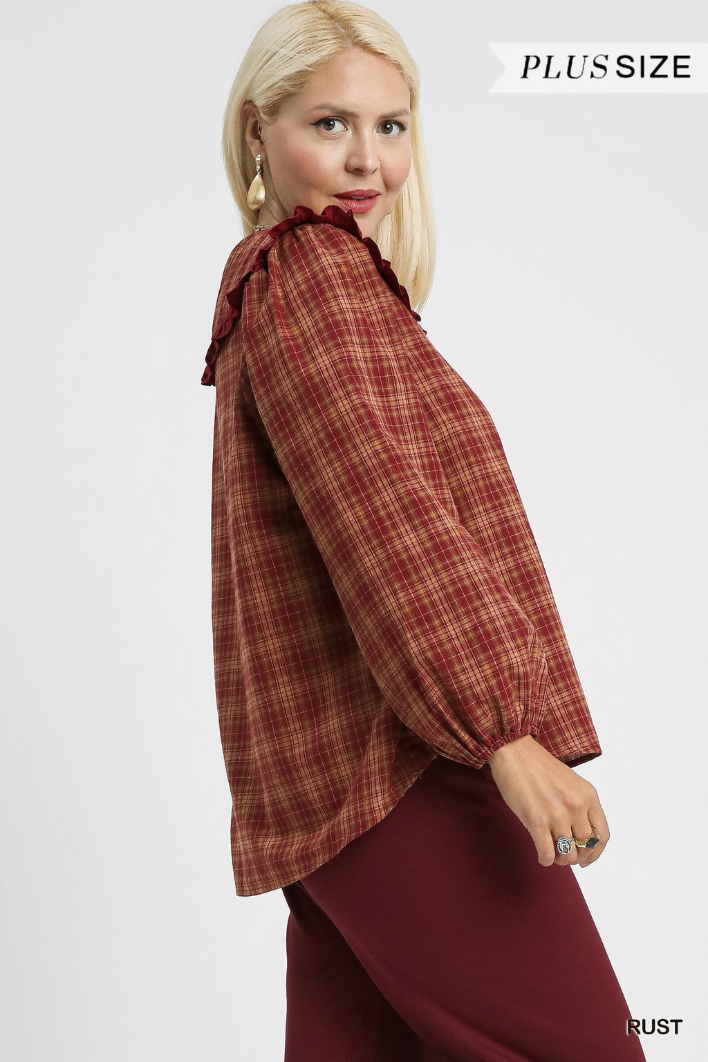 Umgee USA Umgee Full Size Plaid Ruffle Collar Blouse Plus Size