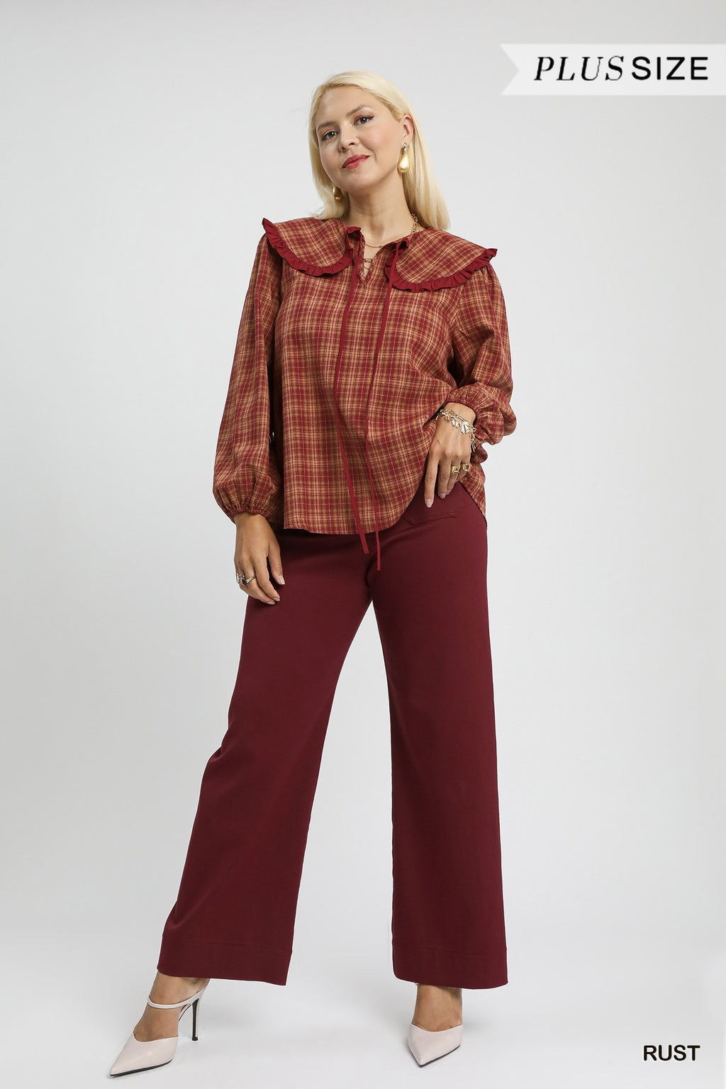 Umgee USA Umgee Full Size Plaid Ruffle Collar Blouse Plus Size