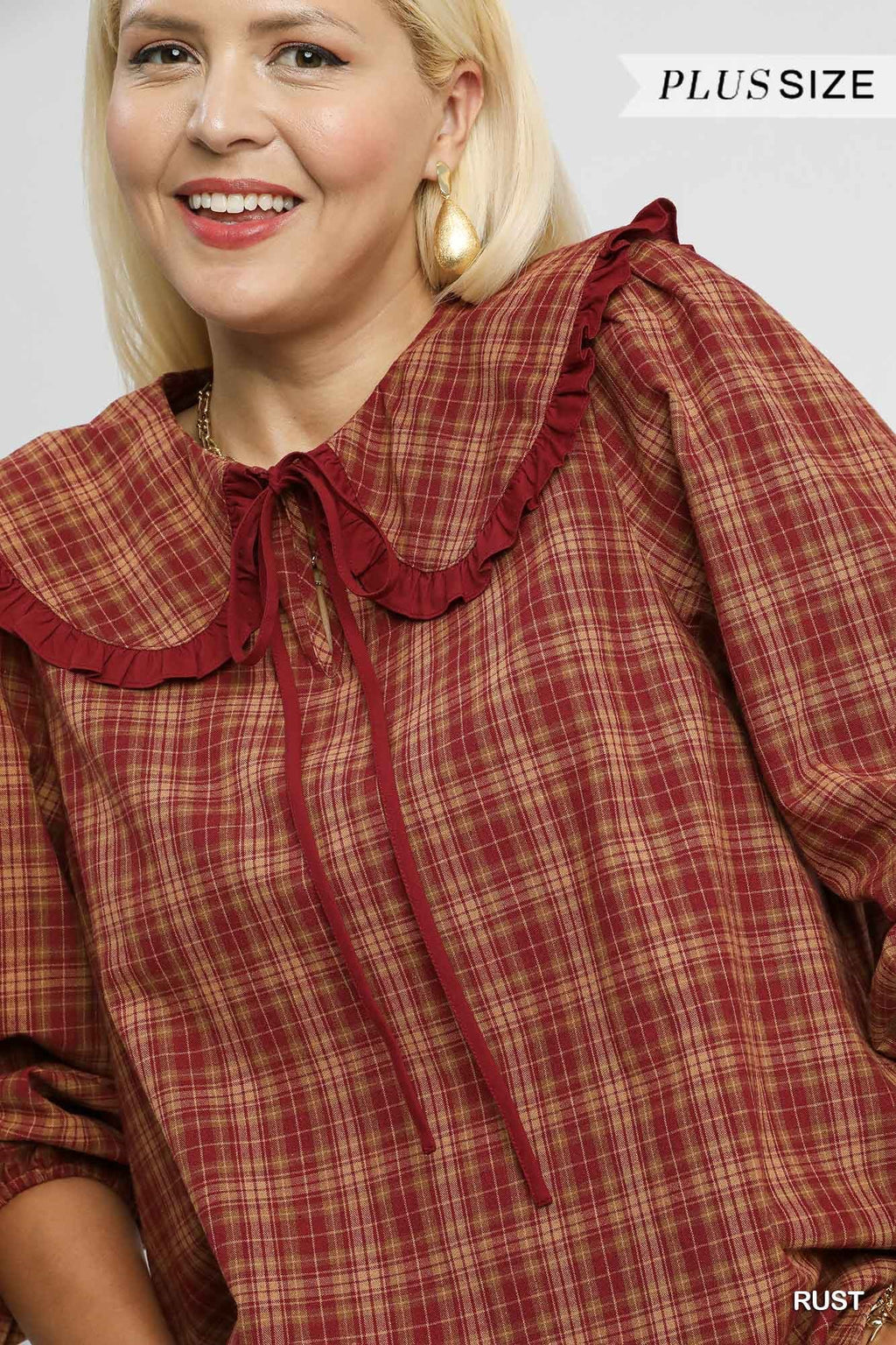 Umgee USA Umgee Full Size Plaid Ruffle Collar Blouse Plus Size