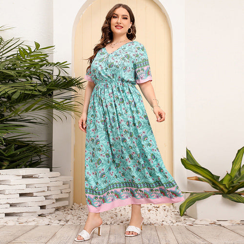 Plus Size Women Loose V neck Dress High Waist Dress Seaside Vacation Beach Dress
